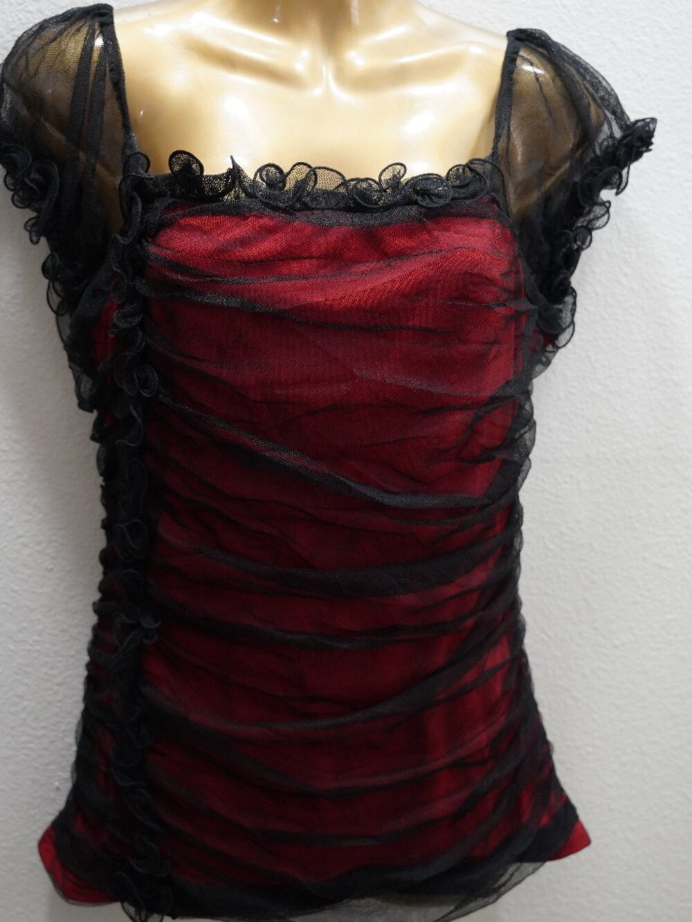 Boston Proper Red/Sheer Black Mesh Top size M